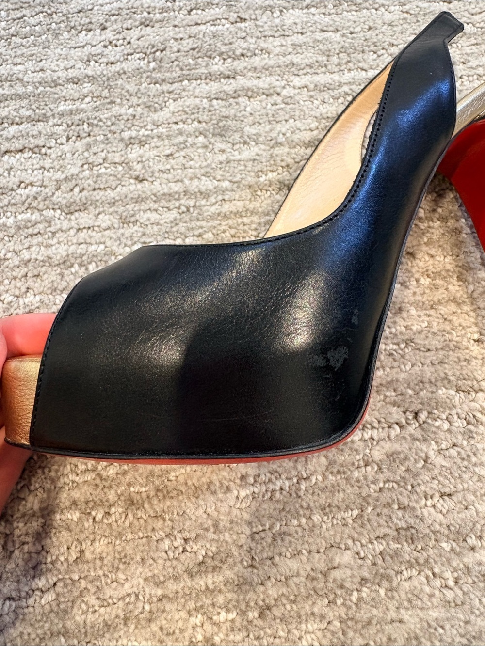 Christian Louboutin Black Leather Slingback Platform Heels Gold Heel Red Bottoms - Picture 7 of 7